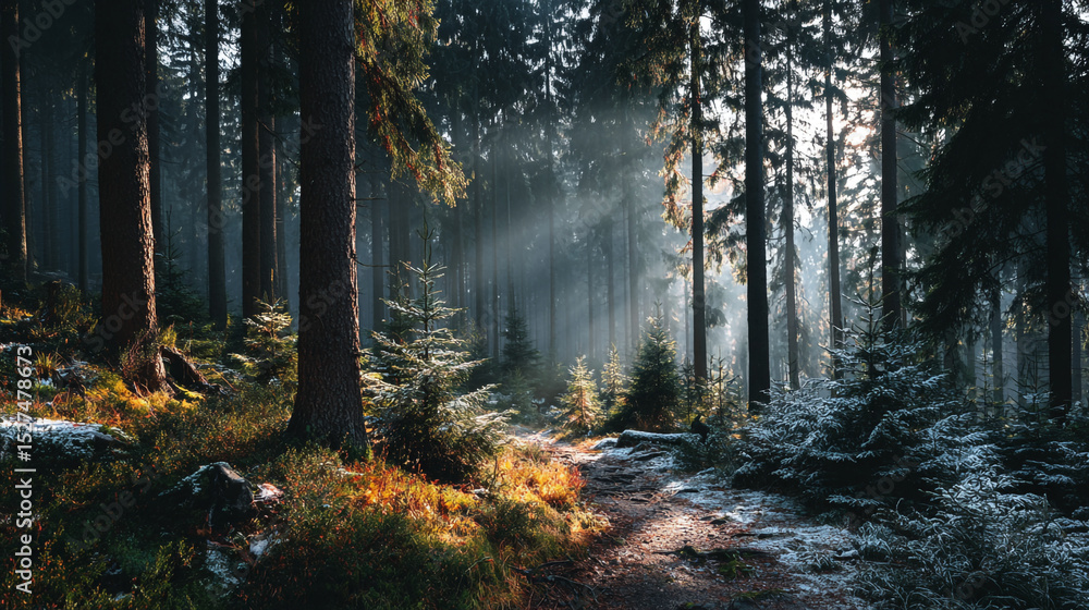 Obraz premium Sunlight shining through trees creating a path in a dense forest on a foggy morning scene view.