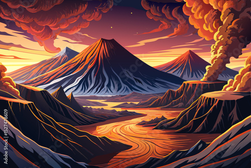 Vector illustration of a serene valley nestled between two volcanoes at sunrise ideal for adventure themes, nature posters, and volcanic landscapes
