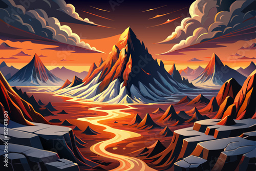 Vector illustration of a serene valley nestled between two volcanoes at sunrise ideal for adventure themes, nature posters, and volcanic landscapes
