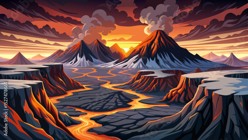 Vector illustration of a serene valley nestled between two volcanoes at sunrise ideal for adventure themes, nature posters, and volcanic landscapes