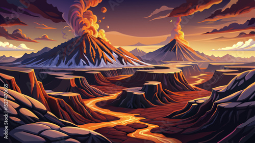 Vector illustration of a serene valley nestled between two volcanoes at sunrise ideal for adventure themes, nature posters, and volcanic landscapes