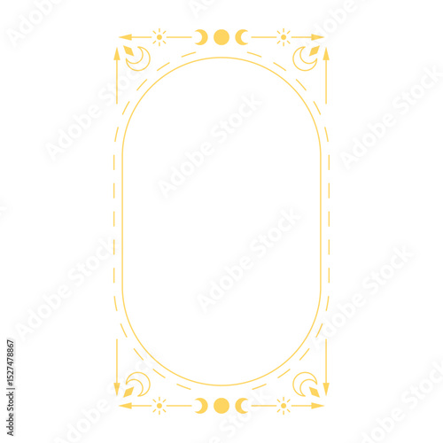 Esoteric golden oval frame with crescent moon and stars.