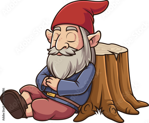 Garden Gnome Sleeping On Tree Trunk Vector Image