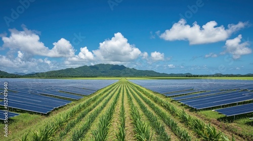 Aerial shot of a sugarcane farm with solar panels, a large water tank, and well-maintained irrigation systems