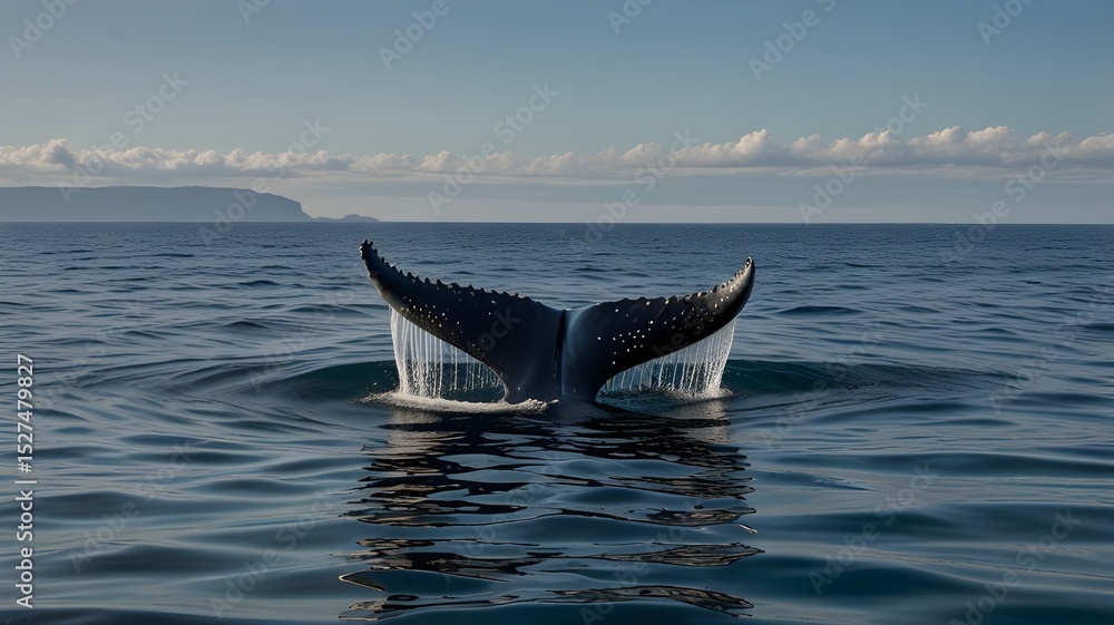 Fototapeta premium Whale fin rising from the ocean surface 