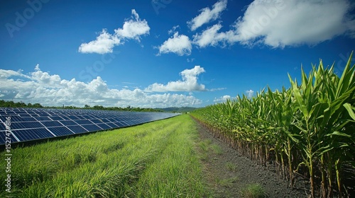 Aerial shot of a sugarcane farm with solar panels, a large water tank, and well-maintained irrigation systems