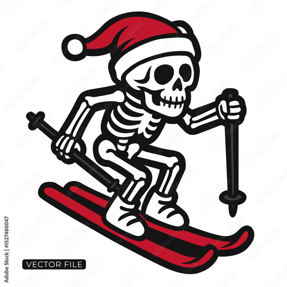 Fototapeta premium Cartoon skeleton skiing at Christmas, Skeleton skiing in a Santa hat