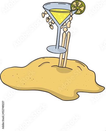 Cocktail glass with lemon slice held by a skeleton hand protruding from the sand, sandy beach, summer vacation concept with refreshing drink and warm sand feeling