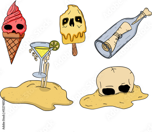 Skull ice cream and cocktail with skeleton hand on sand, spooky summer dessert and drink with message in bottle and skull
