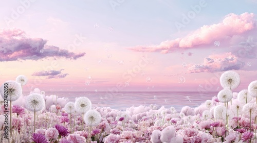 A beautiful colorful background, with colorful dandelions and a pale white sky, along with rivers, pink clouds floating in the air, fluffy marshmallows flying around, and soft light shining on them, c