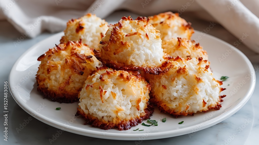 Golden Coconut Macaroons on a White Plate Golden Coconut Macaroons on a White Plate
