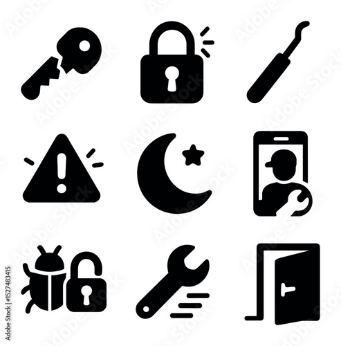 Emergency Lock Icons. Solid, filled icons set of emergency lock repair: broken key icon, jammed lock,