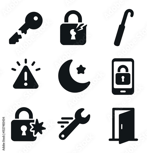 Emergency Lock Icons. Solid, filled icons set of emergency lock repair: broken key icon, jammed lock,