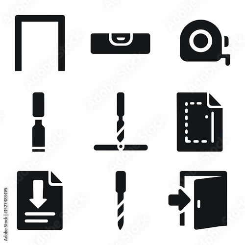 Door Installation Icons. Solid, filled icons set of door installation and fitting: doorframe icon, level tool,
