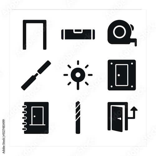 Door Installation Icons. Solid, filled icons set of door installation and fitting: doorframe icon, level tool,