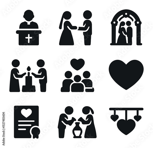 Intimate Wedding Icons. Solid, filled icons set of intimate wedding ceremonies: officiant icon, vow exchange,