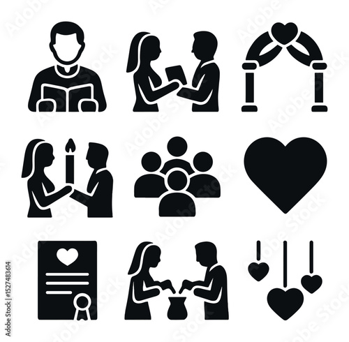 Intimate Wedding Icons. Solid, filled icons set of intimate wedding ceremonies: officiant icon, vow exchange,
