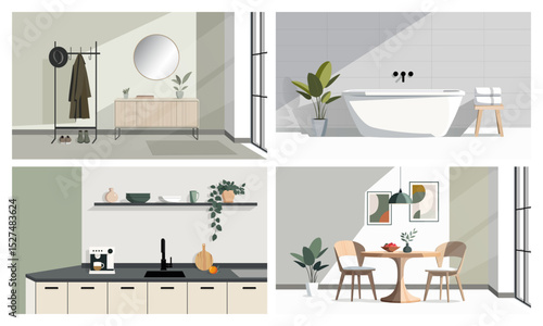 Home interior set. Flat vector illustrations of entrance, bathroom, kitchen and dining in in beige tones