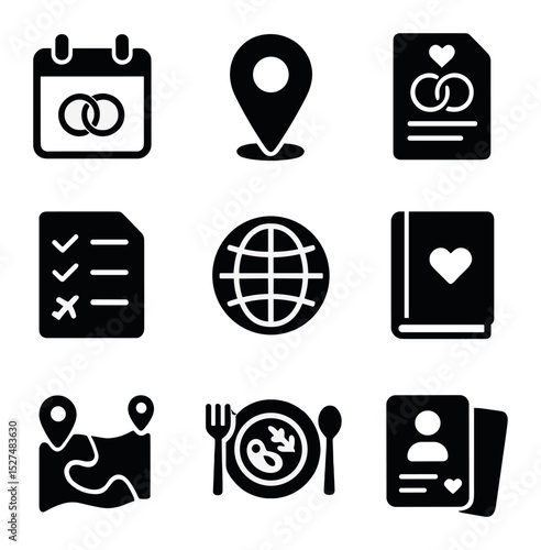 Travel Wedding Icons. Solid, filled icons set of travel-themed wedding planning: calendar, location pin,