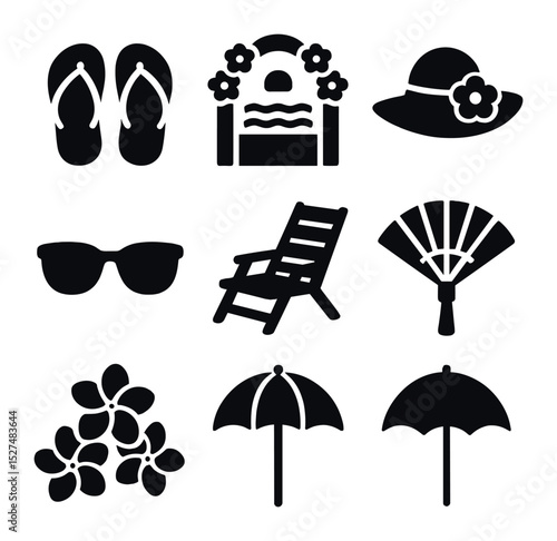 Travel Wedding Icons. Solid, filled icons set of travel-themed wedding planning: calendar, location pin
