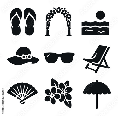 Beach Wedding Essentials. Solid, filled icons set of beach wedding essentials: flip flops, floral arch, ocean