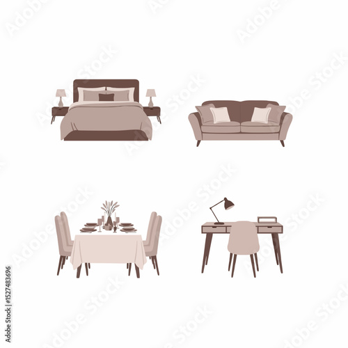 Minimalist Furniture Icons Featuring Bedroom, Living Room, Workspace, and Dining Room