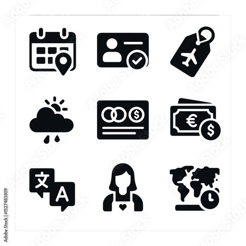 Destination Wedding Icons. Solid, filled icons set of destination wedding logistics: booking icon, guest RSVP,