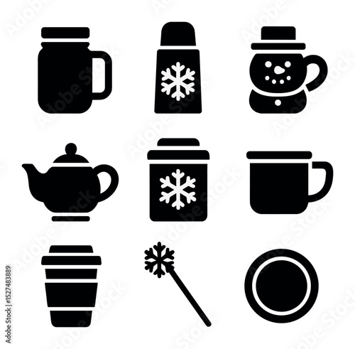 Winter Drinkware Icons. Solid, filled icons set of winter party drinkware: mason jar mug, festive thermos,