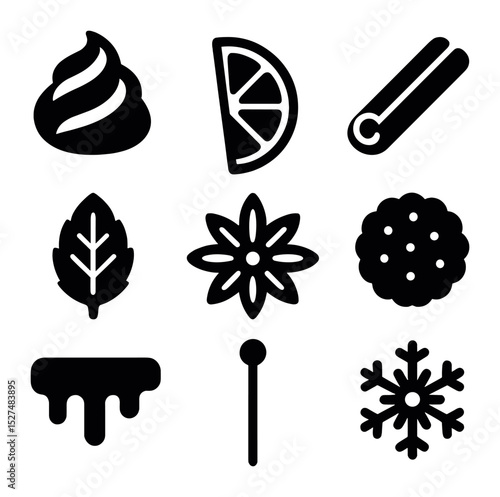 Holiday Drink Garnishes. Solid, filled icons set of holiday beverage garnishes: whipped cream swirl, orange