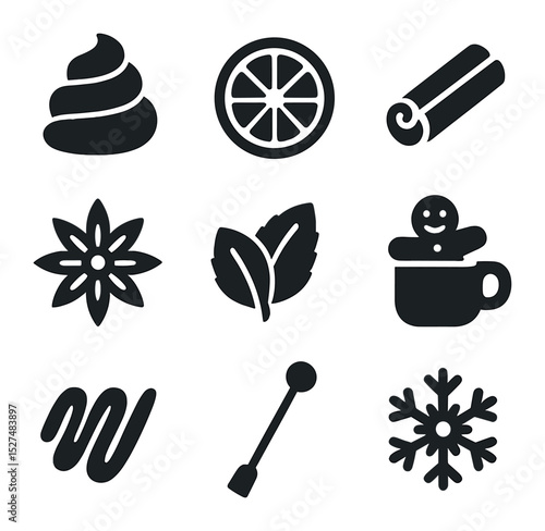 Holiday Drink Garnishes. Solid, filled icons set of holiday beverage garnishes: whipped cream swirl, orange