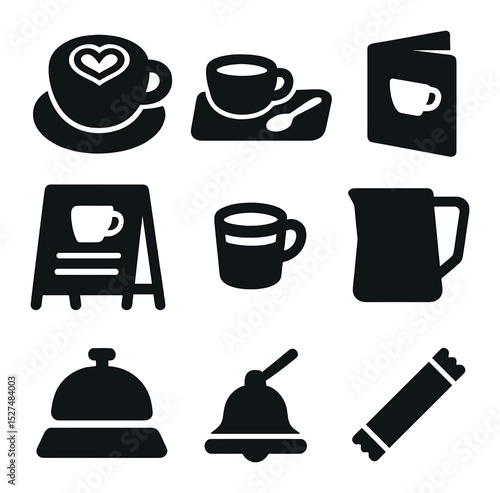 Coffee Icon Set. Solid, filled icons set of café-style cocoa presentation: latte art cup, saucer and spoon,