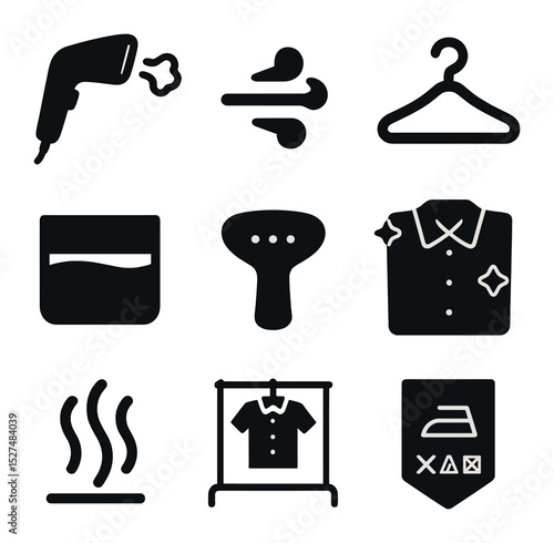 Clothes Steaming Icons. Solid, filled icons set of using a clothes steamer for garment care: handheld steamer,