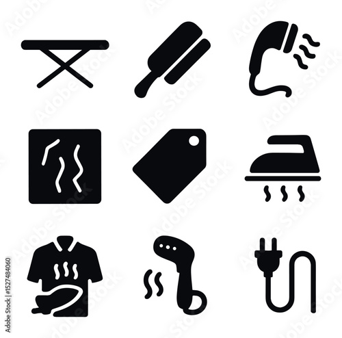 Fabric Care Icons. Solid, filled icons set of home fabric maintenance: ironing board, fabric brush, steamer