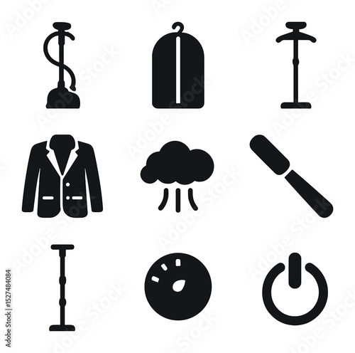 Garment Steaming Icons. Solid, filled icons set of professional garment steaming: upright steamer, fabric