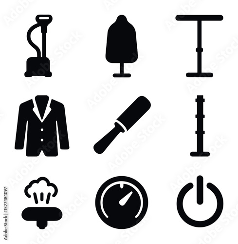 Garment Steaming Icons. Solid, filled icons set of professional garment steaming: upright steamer, fabric