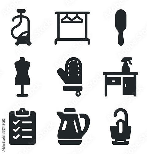Fashion Stylist Toolkit. Solid, filled icons set of fashion stylist prep tools: steamer with stand, designer