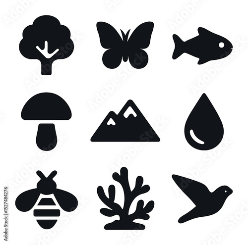 Biodiversity Icons Grid. Solid, filled icons set of biodiversity and healthy ecosystems: tree icon, butterfly,