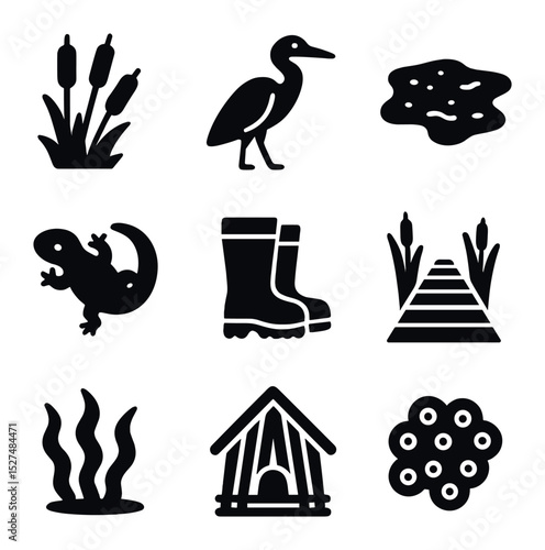 Wetland Ecosystem Icons. Solid, filled icons set of wetland ecosystems: cattails, heron, mudflat, amphibian