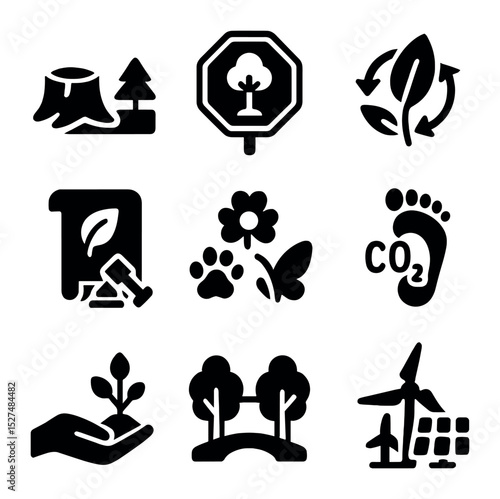 Eco Icons Grid. Solid, filled icons set of human impact and ecosystem protection: deforestation icon,