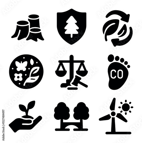 Eco Icons Grid. Solid, filled icons set of human impact and ecosystem protection: deforestation icon,