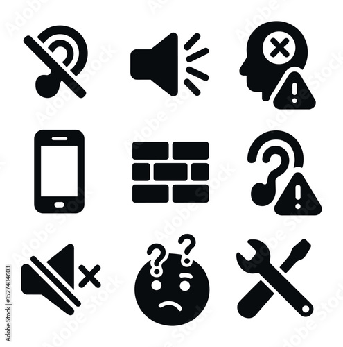 Communication Barriers Icons. Solid, filled icons set of communication barriers and solutions: crossed-out ear