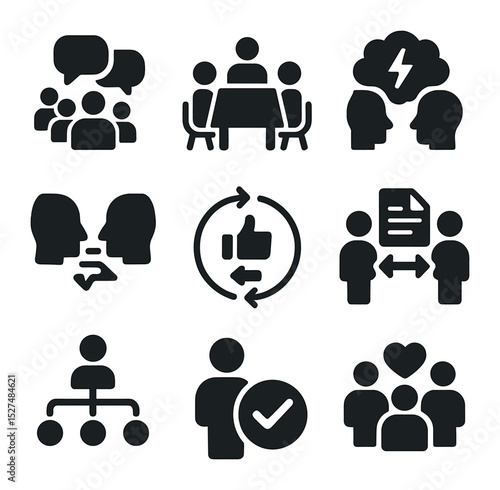 Effective Communication Icons. Solid, filled icons set of effective team communication: group chat, meeting