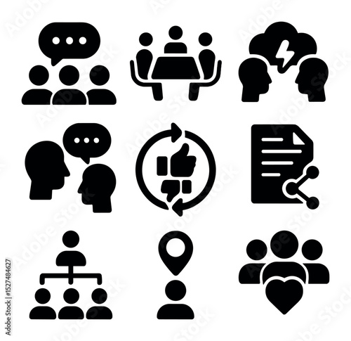 Effective Communication Icons. Solid, filled icons set of effective team communication: group chat, meeting