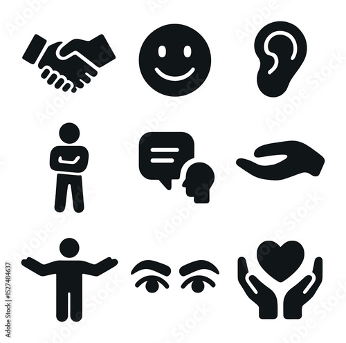 Interpersonal Skills Icons. Solid, filled icons set of interpersonal skills and cues: handshake, smile icon,
