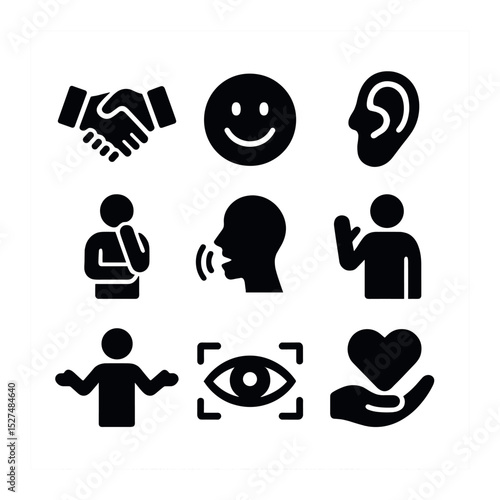 Interpersonal Skills Icons. Solid, filled icons set of interpersonal skills and cues: handshake, smile icon,