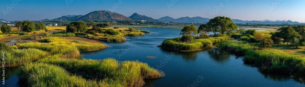 Obraz premium Witness the harmonious blend of nature and innovation with AI-managed irrigation in a restored wetland project
