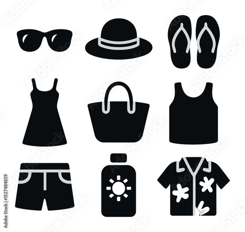 Summer Fashion Essentials. Solid, filled icons set of summer fashion essentials: sunglasses, straw hat,