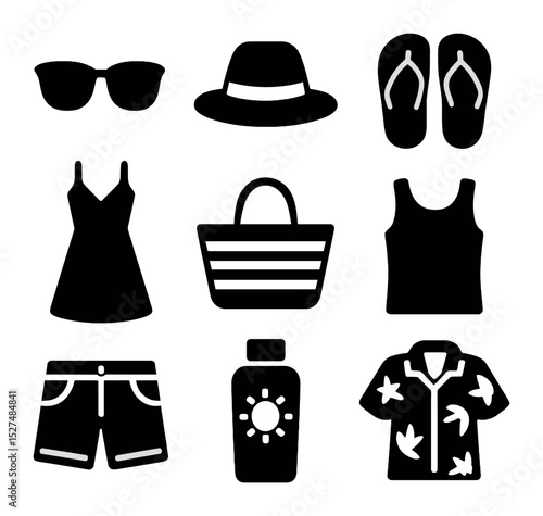 Summer Fashion Essentials. Solid, filled icons set of summer fashion essentials: sunglasses, straw hat,