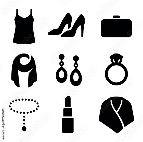 Summer Evening Icons. Solid, filled icons set of evening summer looks: silk dress, heels, clutch bag, light
