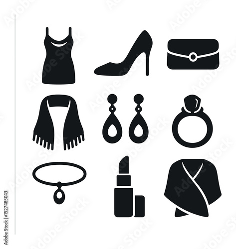 Summer Evening Icons. Solid, filled icons set of evening summer looks: silk dress, heels, clutch bag, light